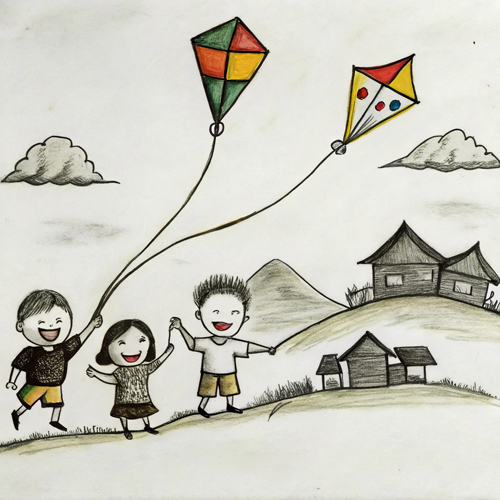 sketch of kids with kites