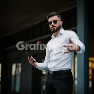 man posing with mobile