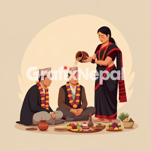 Illustration Of Celebrating Mha Puja in Nepal