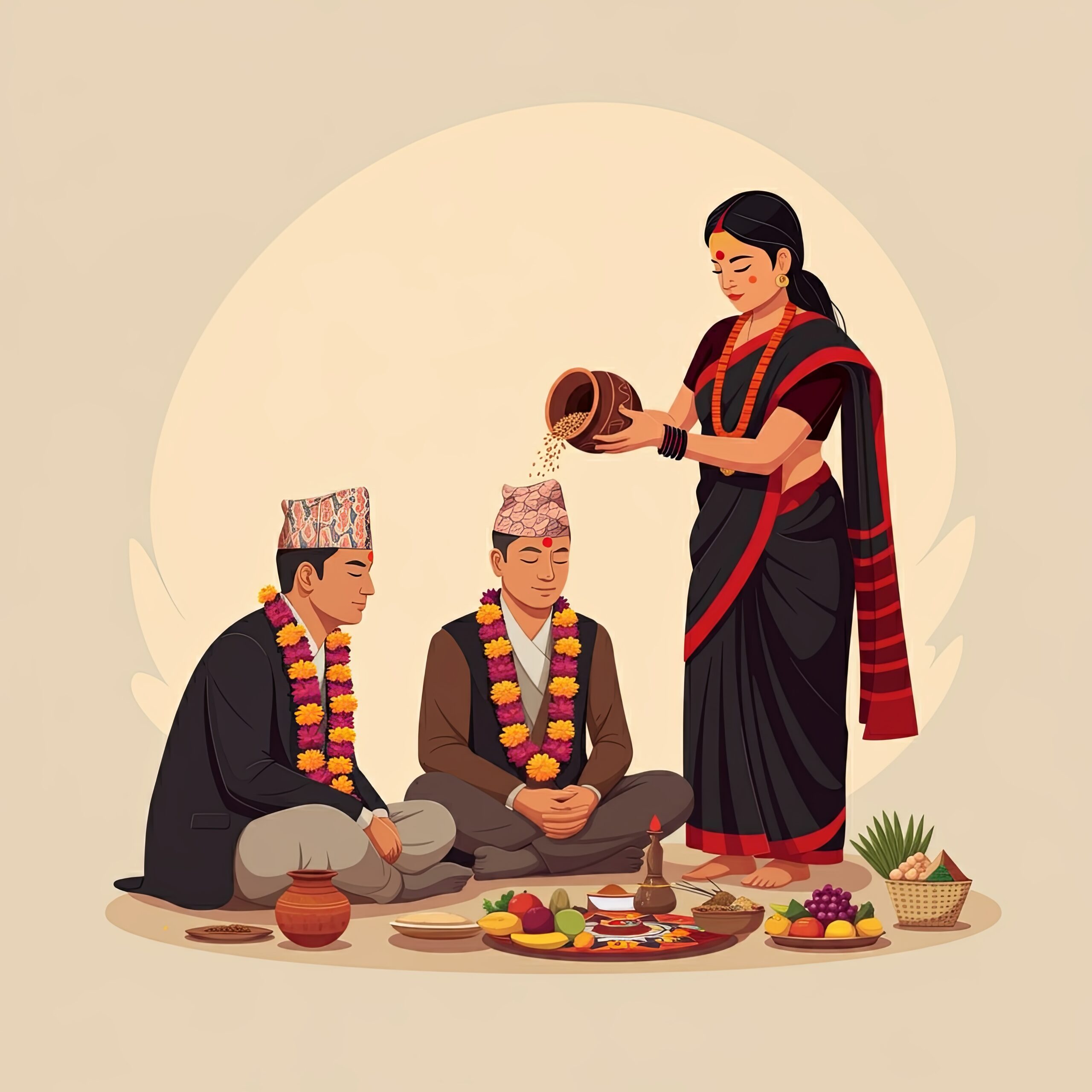 Illustration Of Celebrating Mha Puja in Nepal