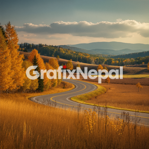 Serene Autumn Countryside with Winding Road Through Green Fields and Rolling Hills