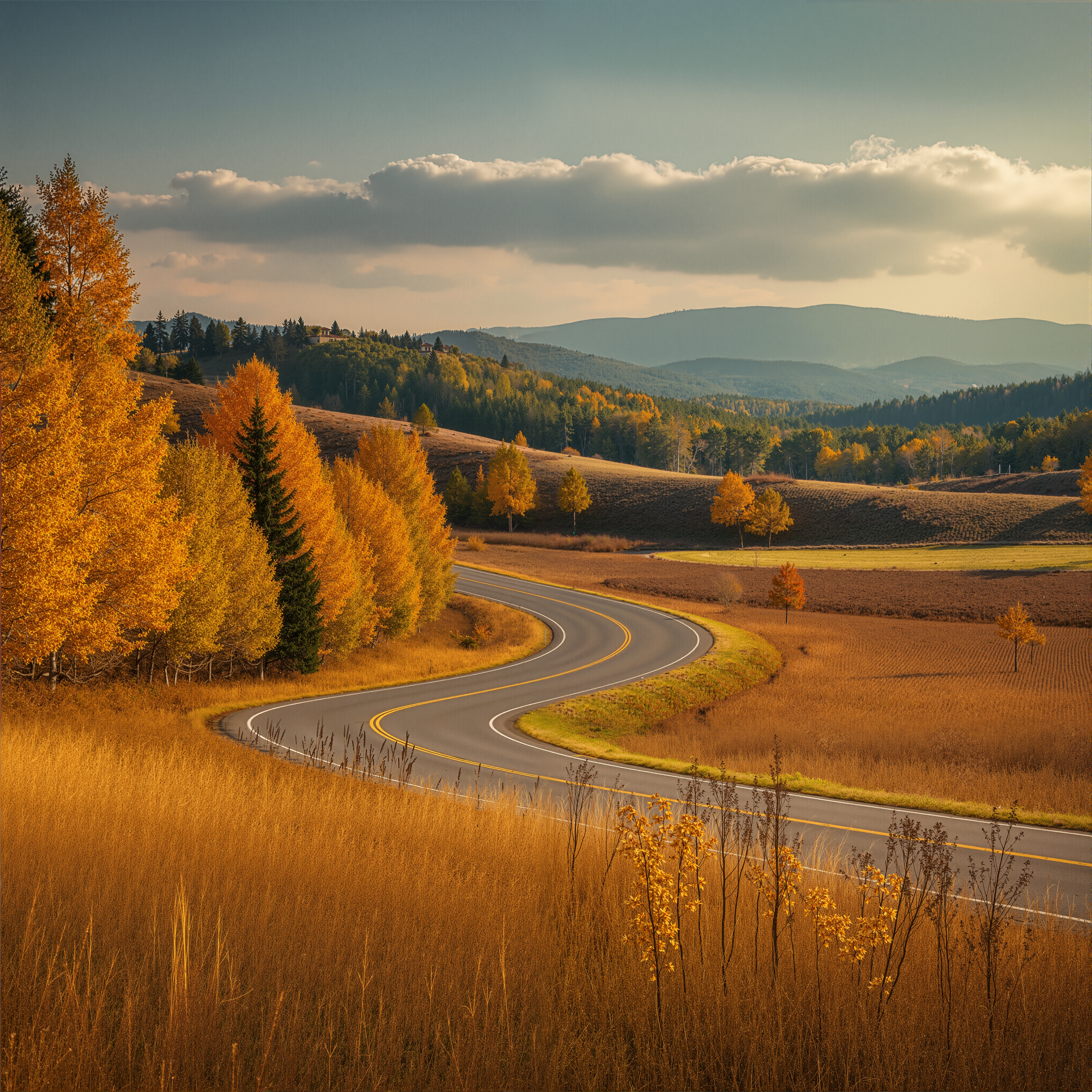 Serene Autumn Countryside with Winding Road Through Green Fields and Rolling Hills