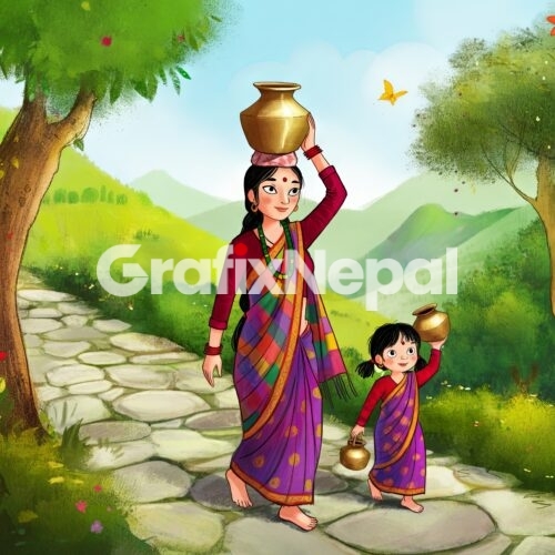 Illustration of Nepali mother and a daughter