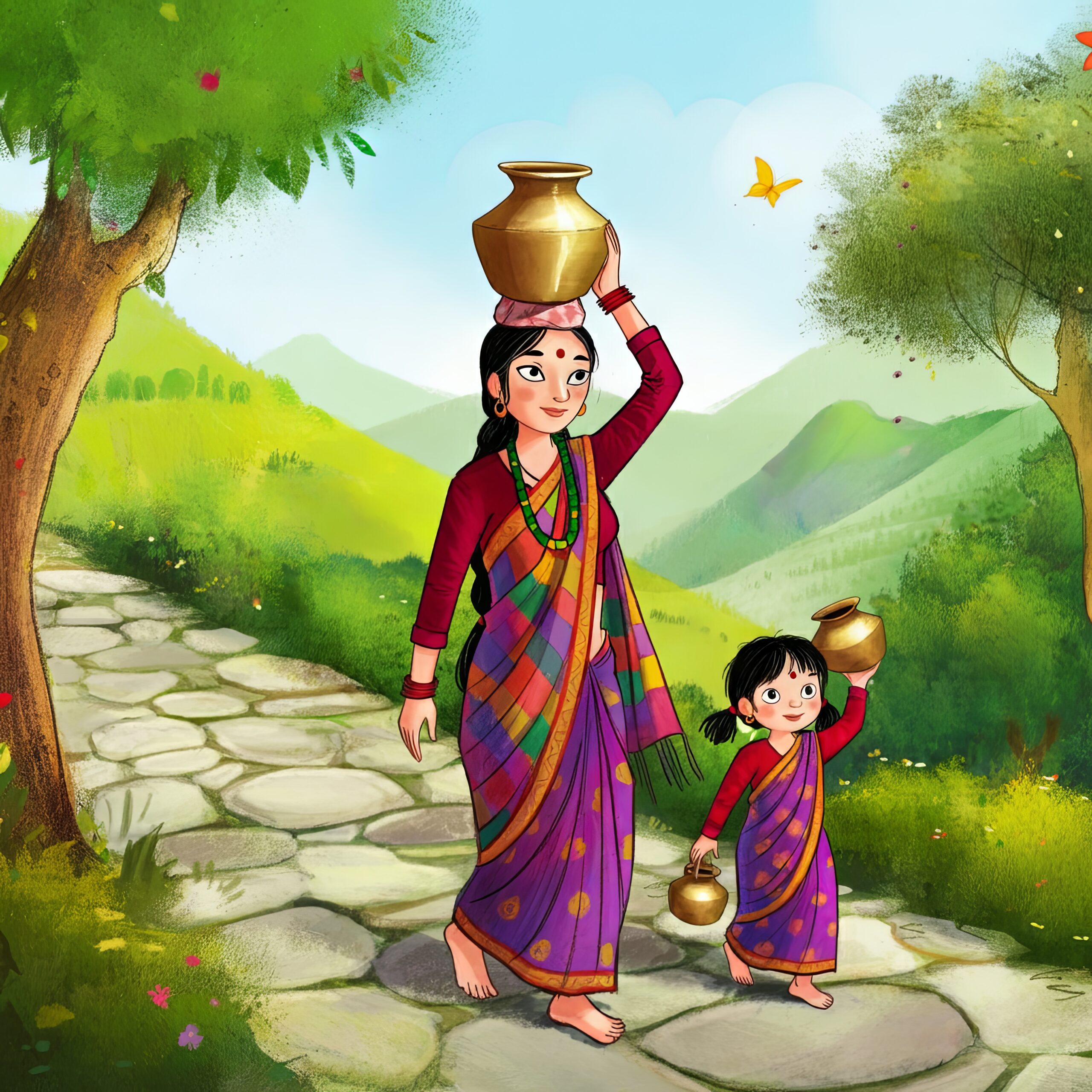 Illustration of Nepali mother and a daughter